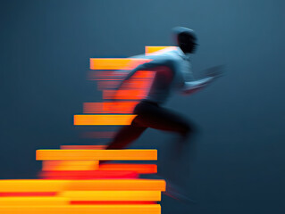 Dynamic image of man running with glowing orange abstract bars in motion, symbolizing speed and progress