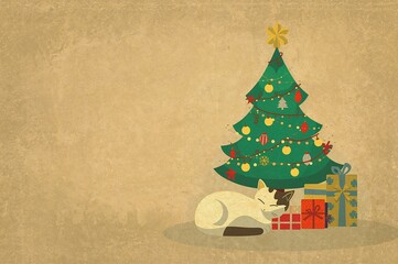 A cat sleeping near a christmas tree with gifts on a beige textured background illustration style