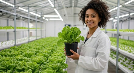Smiling female botanist standing in hydroponic lettuce farm holding a small potted plant
