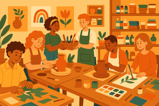 Illustration of People Engaged in a Group Arts and Crafts Class with Pottery, Painting, and Paper Cutting in a Creative Studio