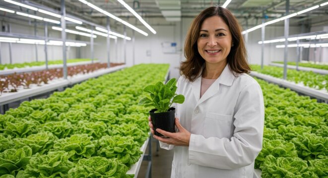 Female scientist in lab coat holding potted plant in greenhouse surrounded by hydroponic lettuce - Powered by Adobe
