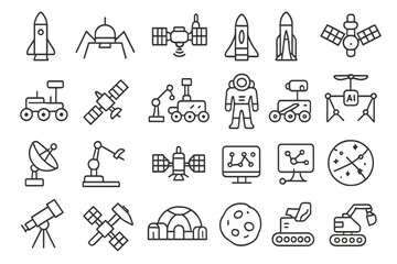 Obraz premium Set of Outline Space Exploration Icons Featuring Rockets, Satellites, Astronauts, Rovers, Telescopes, Space Habitats, and Robotics on Metallic Background