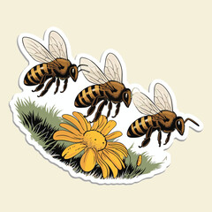 Three detailed honey bees buzzing around bright yellow wildflowers in a charming, vintage-style sticker, vector illustration design