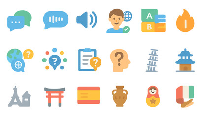 Visual representation of diverse elements related to communication, culture, and learning in a colorful grid format