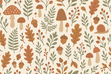 Unique autumn-themed pattern featuring mushrooms, leaves, acorns, and snails in warm colors on a light background