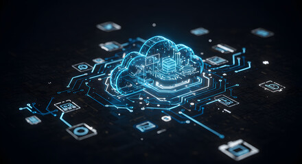 Digital Cloud Computing Concept with Circuits and Blue Glowing Lines