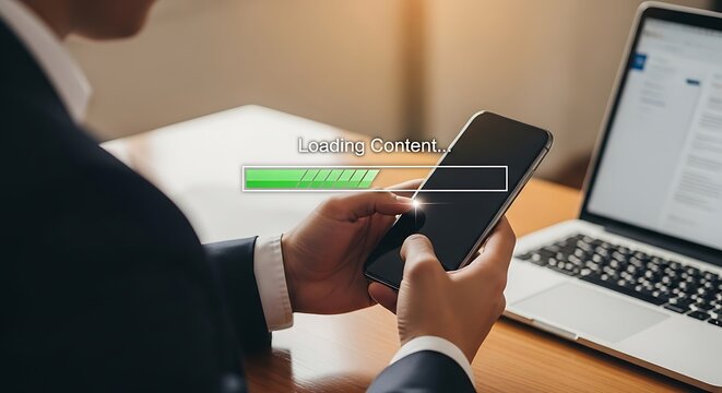 Businessman holding smartphone with loading screen and progress bar in modern office setting