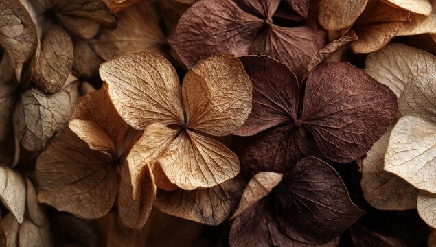 Close-up of dried hydrangea petals in shades of brown and beige - Powered by Adobe
