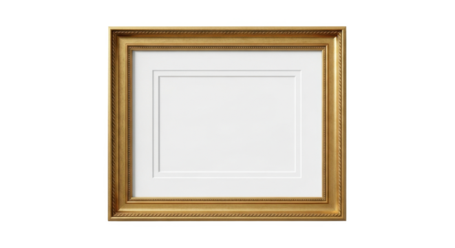 An elegant, empty gold picture frame with a white mat, isolated on a clean white background, ready for display.