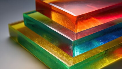 Stacked colorful rectangular blocks of translucent material