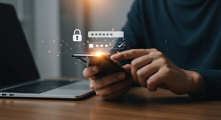 Person securely logging into mobile device with password and authentication icons overlay