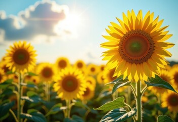 Fototapeta premium vibrant yellow sunflowers blooming sunlit field array nature landscape, flora, plant, sunlight, sky, petal, garden, spring, scenery, vibrancy, colorful