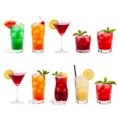 Assortment of colorful refreshing cocktails on a white background