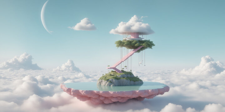 Floating Island With Dreamy Staircase Surrounded by Clouds and Clear Sky empty product podium 