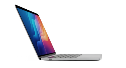 A modern laptop computer displays a vibrant colorful abstract image against a white background.