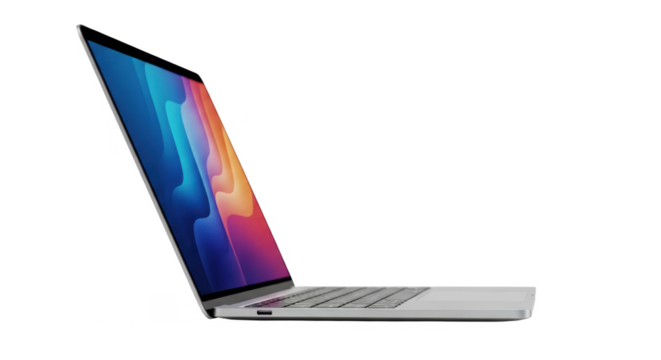 A modern laptop computer displays a vibrant colorful abstract image against a white background.