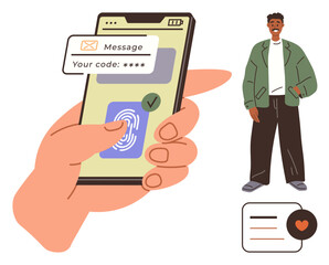 Hand holding smartphone with fingerprint scan and verification code, standing man, heart and chat elements. Ideal for security, technology, mobility, identity, messaging, communication connection
