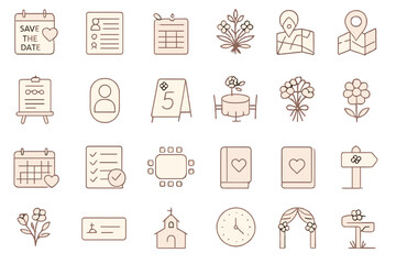 Icons for wedding planning including save the date, guest list, location map, and floral arrangements