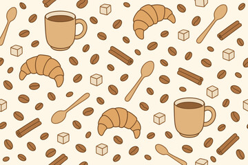 Obraz premium Delightful breakfast arrangement featuring coffee, croissants, and spices on a light background