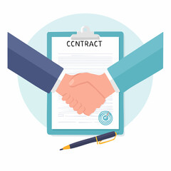 Flat vector handshake over contract, symbolizing business agreement and startup partnership.