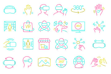 Set of neon VR and AR icons including virtual reality headsets, hand tracking, 360-degree views, immersive environments, and interactive elements in glowing blue, pink, and yellow outline style