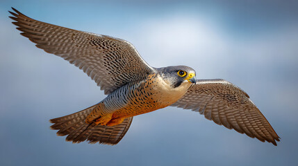 A majestic falcon in mid-flight, showcasing sharp features and dynamic movement against a clear sky.
