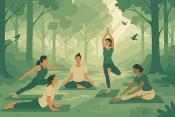 Illustration of group yoga session in forest with sunlight, meditation, stretching, and balance poses surrounded by nature and birds