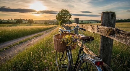 Bicycle with Flowers by Rustic Fence at Sunset in Countryside Meadow, Offering Serene Escape and Nostalgic Charm for Travel and Outdoor Lifestyle Themes