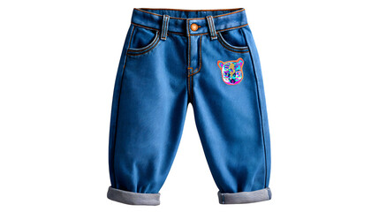 Kids' denim pants with cartoon patch detail, fun design, front view, isolated on white background
