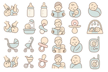 Illustrative collection of baby care activities and essentials featuring various icons and symbols