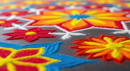 Vibrant floral patterns crafted from colorful powders create a festive atmosphere