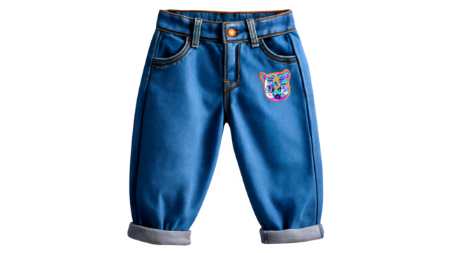 Kids' denim pants with cartoon patch detail, fun design, front view, isolated on white background