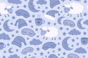 Cozy night elements with sheep, moons, and sleep masks in soothing blue tones scattered across a light background
