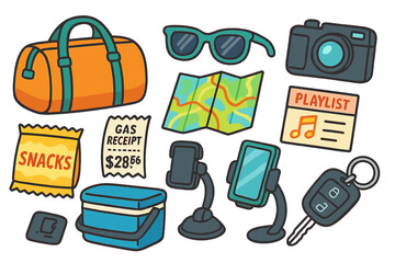 Essential items for a fun road trip including snacks, map, and camera for capturing memories