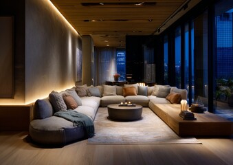 Fototapeta premium Modern living room with sectional sofa and city view.