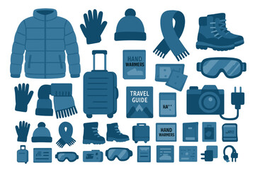 Warm clothing and travel essentials for cold weather adventures in winter months