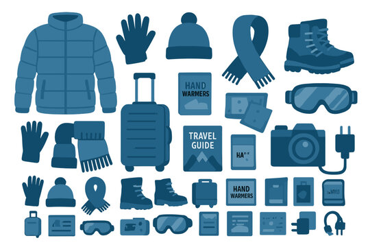 Warm clothing and travel essentials for cold weather adventures in winter months