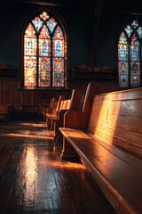 Fototapeta premium Sunlight streams through stained glass windows of a historic church, illuminating pews