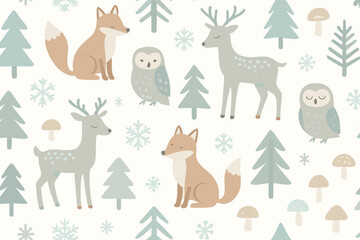Cute forest animals illustrated in pastel colors with trees and mushrooms in a playful pattern