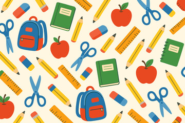 Back to school supplies pattern featuring backpacks, apples, and stationery in vibrant colors