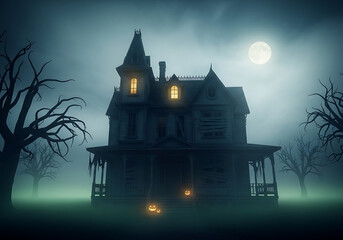 A spooky haunted house with glowing windows and jack o lanterns under a full moon in a foggy landscape