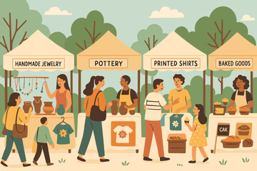 Community market features handcrafted goods and local vendors during the sunny afternoon in a vibrant outdoor setting
