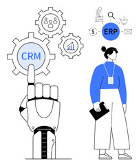 Robotic arm selecting CRM gear, professional holding clipboard near ERP icons. Ideal for automation, CRM, ERP systems, business strategy, technology adoption, digital transformation, AI-driven