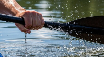 Closeup of a persons hand gripping a kayak paddle as it moves through the water