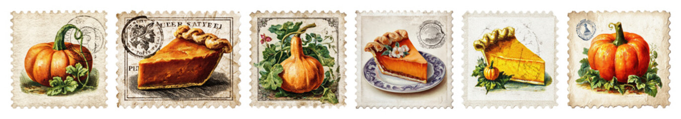 PNG Vintage pumpkin pie postage stamps, element set on transparent background