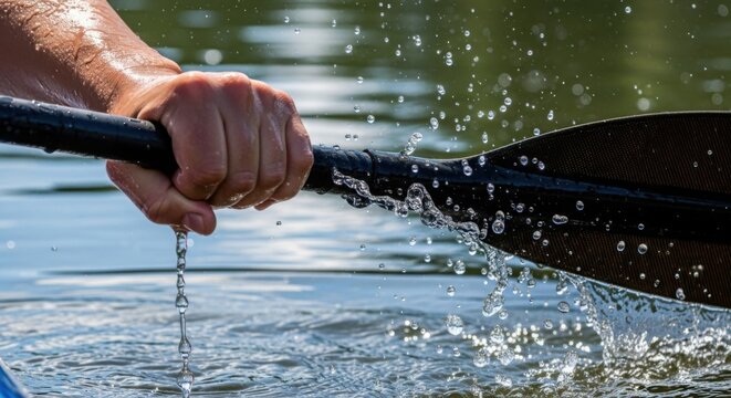 Closeup of a persons hand gripping a kayak paddle as it moves through the water