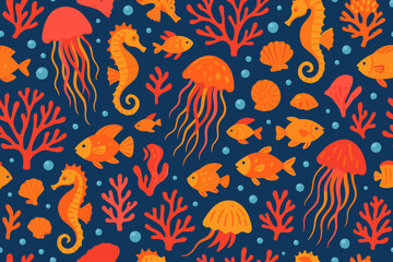 Obraz premium Seamless underwater pattern with colorful fish, seahorses, jellyfish, coral, shells, and bubbles on dark blue background