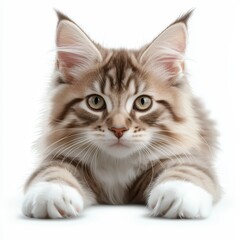 Obraz premium a cute Maine Coon kitten clipart, long-haired cat breed, digital art, soft grey tones, isolated on white background