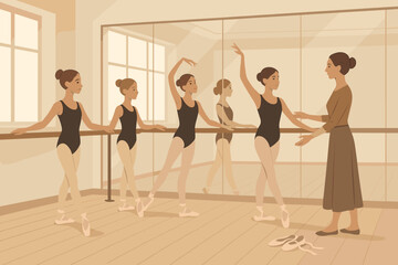 Fototapeta premium Illustration of young ballet students practicing at barre with instructor in mirrored dance studio, girls in black leotards and tights, warm neutral tones