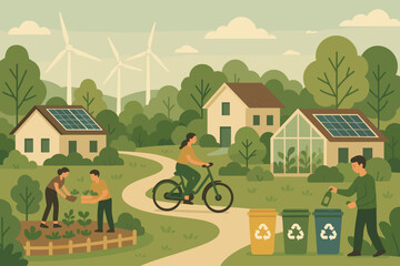 Naklejka premium Eco-Friendly Community with Solar Panel Homes, Wind Turbines, Gardening, Recycling, and People Using Sustainable Transportation